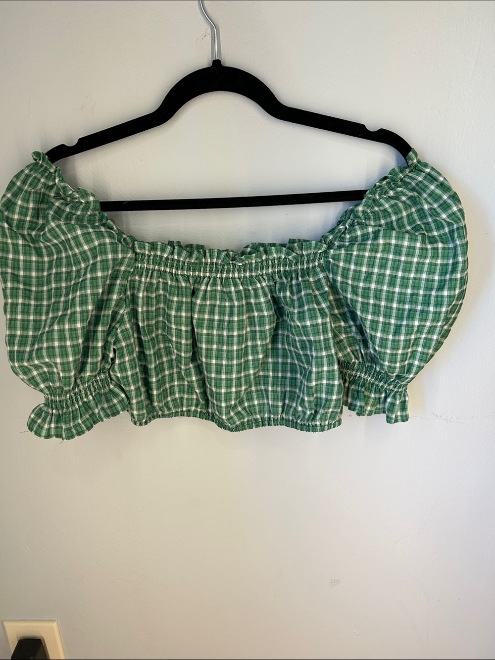 Green Plaid Off-Shoulder Puff Sleeve Crop Top with Ruffled Hem